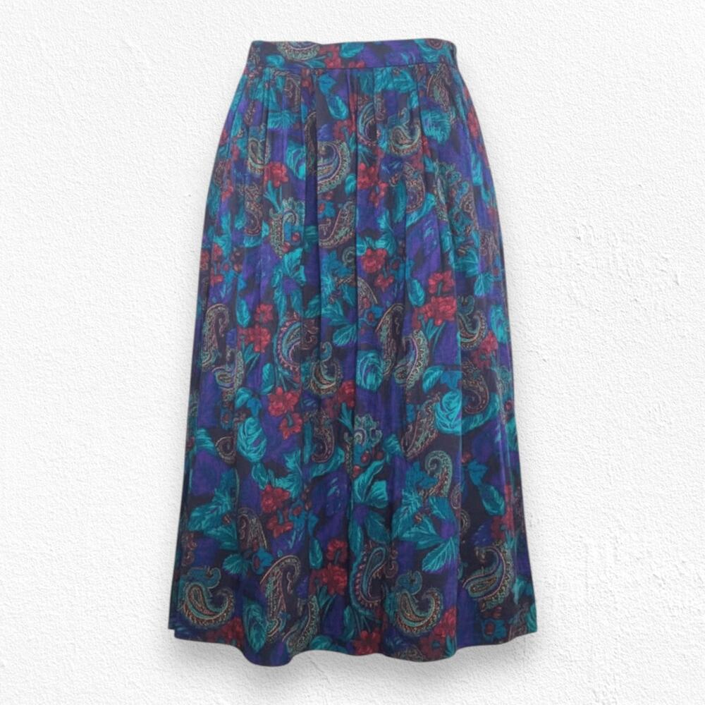 Vintage 90s Blue Paisley Floral Midi Skirt Dark Academia Officecore Size 14 NWT